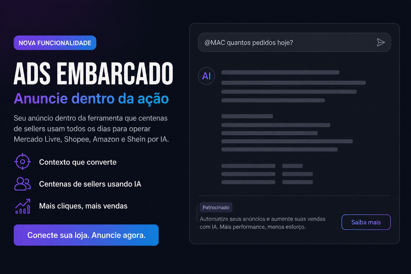 Ads Embarcado: anuncio patrocinado aparecendo como rodape discreto dentro da resposta do assistente de IA no Marketplace Connect